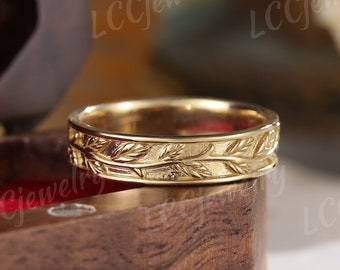 Vintage Yellow Gold Mens Rings Mens Wedding Band Nature Inspired Leaf Wedding Band Stacking Matching Couple Rings For Men Anniversary Gift