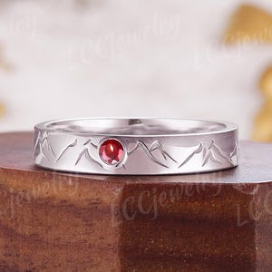 4mm Mountain Range Design Wedding Band, White Gold Handmade Engraving Wedding Ring, Ruby Anniversary Ring, Custom His and Her Ring