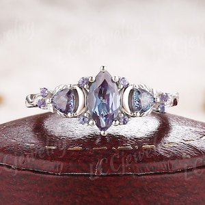 Unique Marquise Cut Alexandrite woodland Leaf Engagement Ring White Gold Moon Design Wedding Ring Custom Anniversary Rings For Women
