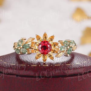 Round Ruby Sunflower Engagement Ring, Solid Gold Nature Inspired Engraved Floral Leaf  Bridal Ring, Custom Anniversary Gift for Women