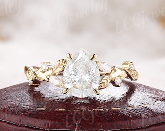 Vintage Pear Shaped Moissanite Engagement Ring Nature Inspired Yellow Gold Moissanite Cluster Wedding Ring Art Deco Promise Ring For Women