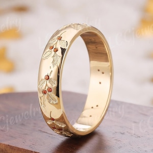 5MM Christmas Ruby Holly Leaves Wedding Band Nature Inspired December Birth Flower Gold Wedding Ring Stacking Handmake Promise Rings For Him