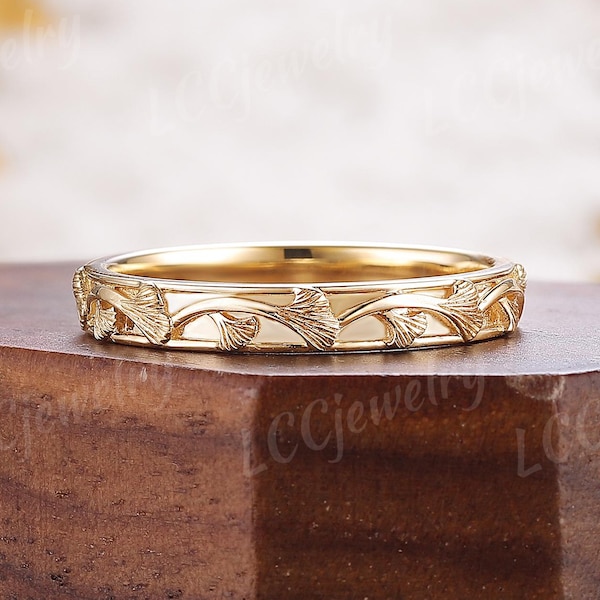3 mm obrączka ślubna z wzorem liścia miłorzębu, unikatowy żółty złoty pierścionek dla kobiet i mężczyzn, ręcznie robiony, spersonalizowany pierścionek, prezent na rocznicę dla niej