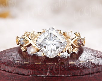 Einzigartige Kissenschliff Moissanite Verlobungsring Gelbgold Alexandrit Und Perlencluster Blatt Design Hochzeitsring Jahrestag Ringe für Frauen