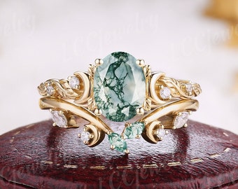 Unique Moss Agate Leaf Engagement Ring Set Natural Inspired Rose Gold Moissanite Cluster Wedding Ring Set Green Moss Agate Rings For Women