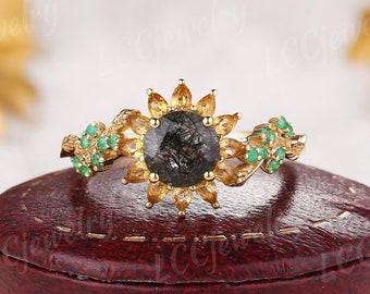 Nature Inspired Black Rutilated Quartz Leaf Floral Engagement Ring Sunflower Design Citrine Emerald Wedding Ring Gold Women gifts for mom