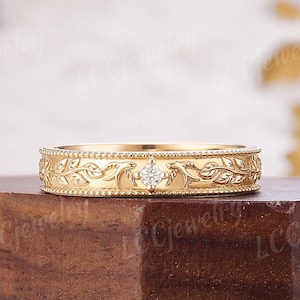 Anillo de boda para hombre con diseño de hojas y enredaderas inspirado en la naturaleza, anillo de promesa de diamantes con detalles milgrain en oro macizo de 14 quilates, anillo apilable personalizado, regalo de boda para él.