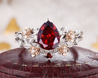 Unique Two Tone Pear Cut Ruby Wedding Ring Set Mixed Metals Floral Engagement Ring Diamond Leaf Curved Wedding Band Ruby Rings For Women