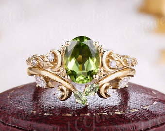 Unique Peridot Engagement Ring Set Rose Gold Moissanite Moon Star Design Wedding Rings Vintage Leaf Floral Peridot Wedding Band Gift For Her