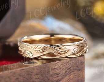 Unique Leaf Wedding Band Mens Yellow Gold Art Deco Leaf Branch Vines Design Wedding Ring Men Anniversary Gift Custom Jewelry Rings For Men