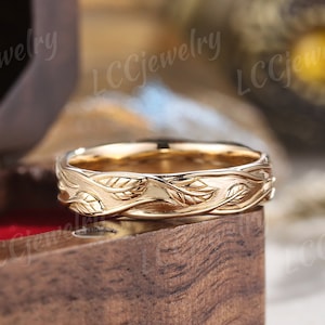 Unique Leaf Wedding Band Mens Yellow Gold Art Deco Leaf Branch Vines Design Wedding Ring Men Anniversary Gift Custom Jewelry Rings For Men