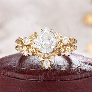 Anillo de compromiso de moissanita con forma de pera inspirado en la naturaleza, anillo de boda con forma de hoja de diamante único en oro amarillo, anillos de aniversario personalizados para mujeres
