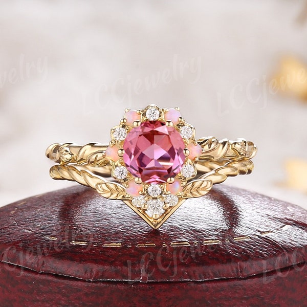 Vintage Papalacha Engagement Ring Set Yellow Gold Nature Inspired  Rainbow Opal Sunflower Wedding Ring Diamond Leaf Enhancer Rings For Women