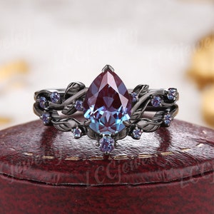 Vintage Gothic Alexandrite Engagement Ring Set Leaf Branch Alexandrite Wedding Ring Black Gold  Gothic Handmake Promise Custom Rings for Her