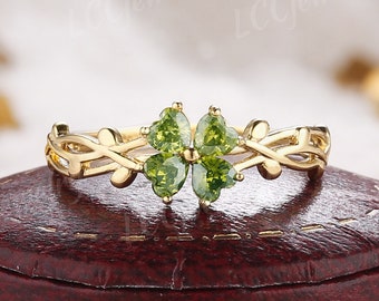 Unique Peridot Lucky Clover Engagement Ring Nature Inspired Leaf Ring Yellow Gold Irish Wedding Ring Custom Jewelry Rings For Women