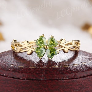 Unique Peridot Lucky Four Clover Engagement Ring Nature Inspired Leaf ...