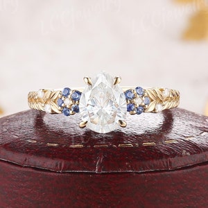 Unique Pear Cut Moissanite Leaf Floral Engagement Ring Yellow Gold Alexandrite Flower Wedding Ring Custom Anniversary Rings For Women