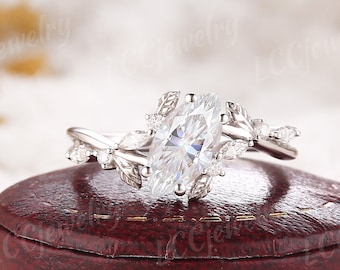 Dainty Moissanite Engagement Ring Unique White Gold Moonstone Leaf Wedding Ring Art Deco Moissanite Cluster Bridal Ring Promise Ring For Her