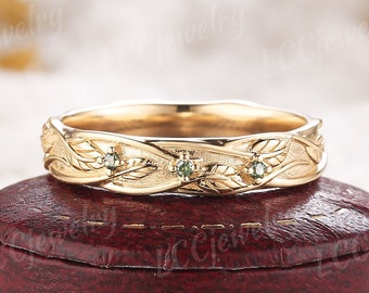 5mm Unique Green Sapphire Leaf Wedding Band Mens Gold Nature Inspired Branch Vines Wedding Ring Custom Anniversary Jewelry Rings For Men