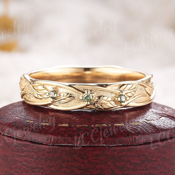 Anillo de bodas de hoja de zafiro verde único de 5 mm para hombre, dorado, inspirado en la naturaleza, con ramas de enredaderas, joyería de aniversario personalizada para hombres.