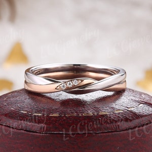 Unique Moissanite Two Tone Wedding Ring Minimalist Mixed Metals Wedding Band White And Rose Gold Stacking Matching Promise Ring For Women