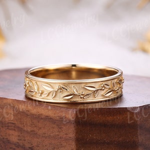 Unique Olive Leaf Wedding Ring For Mens Art Deco Yellow Gold Olive Fruit Wedding Band Dainty Stacking Matching Band Anniversary Gift For Men