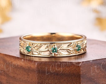 Vintage Round Cut Emerald Wedding Band Yellow Gold Stacking Matching Engagement Rings Leaf Design Handmake Jewelry Promise Rings For Men