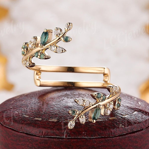 Unique Green Sapphire Leaf Curved Wedding Band Yellow Gold Diamond Ring Enhancer Moissanite Stacking Matching Rings For Women