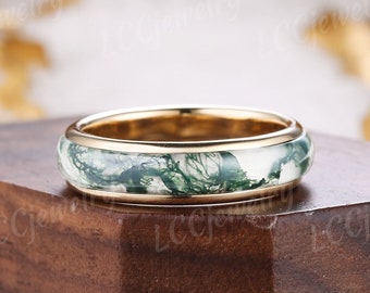 Unique Moss Agate Mens Wedding Band Gold Nature Inspired Eco-Friendly Full Eternity Stacking Matching Rings Custom Jewelry Rings For Men