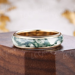 Unique Moss Agate Mens Wedding Band Gold Nature Inspired Eco-Friendly Full Eternity Stacking Matching Rings Custom Jewelry Rings For Men