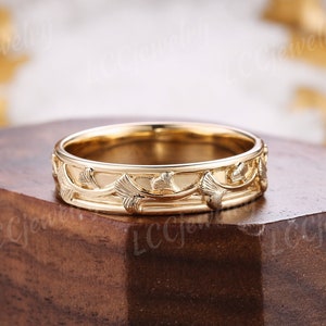 Unique Nature Inspired Ginkgo Leaf Mens Wedding Band Yellow Gold Mens Ring Handmake Stacking Matching Couple Rings For Men