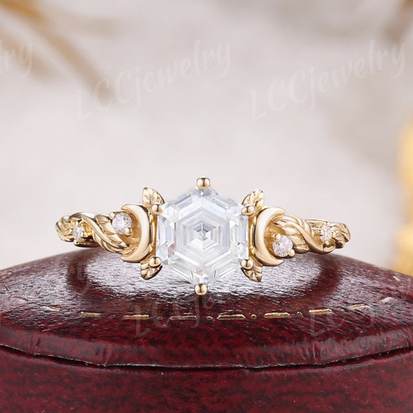 Vintage Hexagon Cut Moissanite Engagement Ring Yellow Gold Moissanite Cluster Custom Promise Ring Wedding Band Anniversary Rings For Women