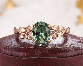 Vintage Oval Cut Green Sapphire Engagement Ring Rose Gold Nature Inspired Leaf Floral Diamond Wedding Ring Custom Promise Rings For Women
