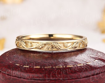 3mm Nature Inspired Leaf Wedding Band Vintage Yellow Gold Women and Mens Ring Stacking Matching Ring Couple Rings For Women Anniversary Gift