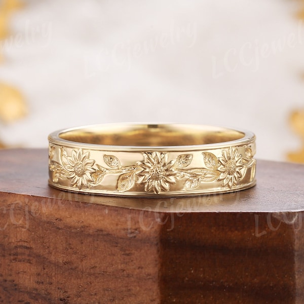Nature Sunflower Inspired Design Mens Wedding Band Unique Yellow Gold Leaf Wedding Ring Custom Anniversary Couple Rings For Men Gift