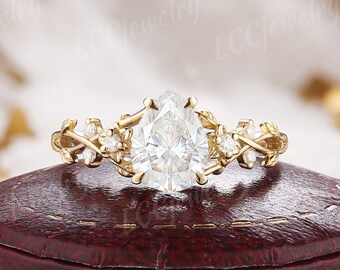 Unique Pear Shaped Moissanite Engagement Ring Yellow Gold Leaf Branch Ring Vintage Bridal Jewelry Anniversary Promise Ring For Women