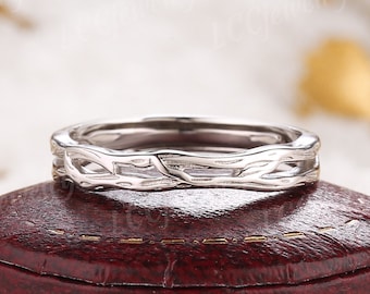 Ehering für Herren mit Blattgravur, minimalistischer, von der Natur inspirierter Ring aus Weißgold, Stapelbarer Verlobungsring