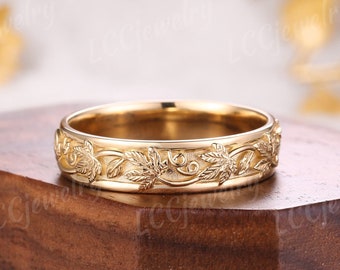 Nature Inspired Grape Leaves Mens Wedding Band Unique Yellow Gold Mens Ring Handmake Stacking Matching Couple Rings For Men