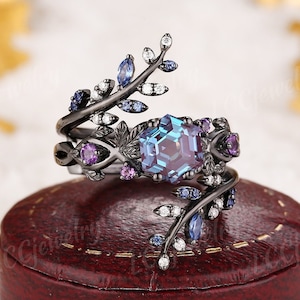 Vintage Alexandrit Blumen-Verlobungsring Set Gothic Schwarz Gold Amethyst Ehering BlattsaphirEnhancer Ehering Ringe für Frauen