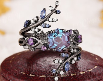 Vintage Alexandrite Floral Engagement Ring Set Gothic Black Gold Amethyst Wedding Ring Leaf Sapphire Enhancer Wedding Band Rings For Women