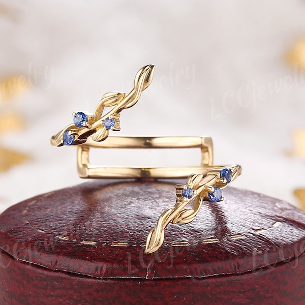 Vintage Blue Sapphire Leaf Curved Wedding Band Nature Inspired Yellow Gold Sapphire Ring Enhancer Stacking Matching Anniversary Ring For Her