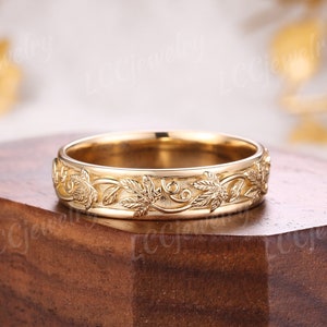 Nature Inspired Grape Leaves Mens Wedding Band Unique Yellow Gold Mens Ring Handmake Stacking Matching Couple Rings For Men