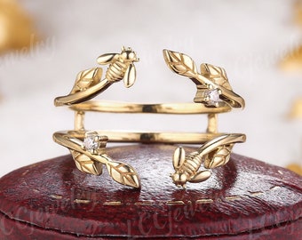 Unique Honeybee Moissanite Double Curved Wedding Band Yellow Gold Nature Inspired Leaf Diamond Ring Enhancer Custom Promise Rings For Women