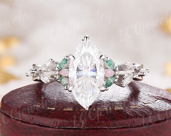 Unique Moissanite Floral Engagement Rings Whire Gold Nature Inspired Green Moss Agate Wedding Ring Opal Handmake Anniversary Rings For Women