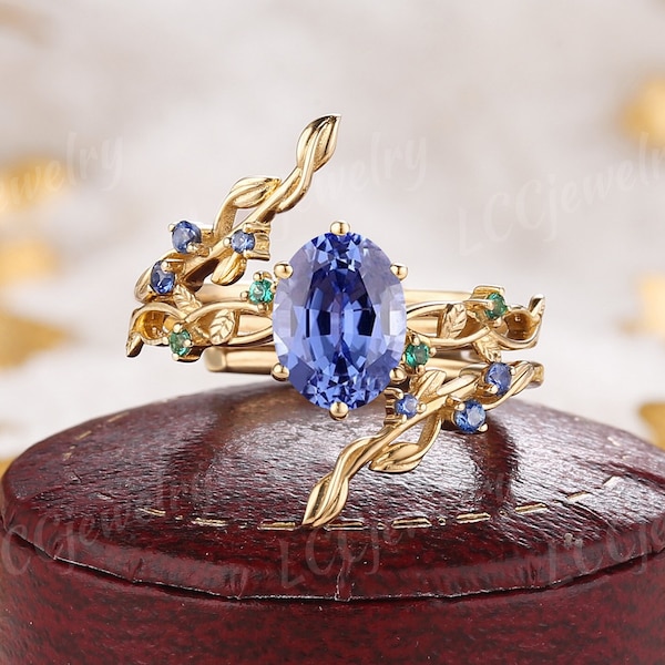 Unique Sapphire Engagement Ring Set Round Emerald Wings Wedding Ring Unique Sapphire Enhancer Ring Double Curved Yellow Gold Wedding Band