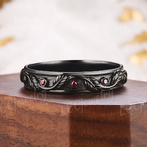 Vintage Ruby Mens Wedding Band Black Gold Nature Inspired Leaf Design Wedding Ring Gothic Stacking Matching Anniversary Rings For Men