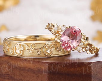 2個入り ピーチサファイア カップルリングセット 四つ葉のクローバー