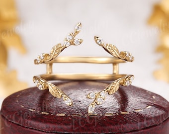 Nature Inspired Diamond Leaf Curved Wedding Band Unique Moissanite Ring Enhancer Yellow Gold Custom Promise Anniversary Rings For Women