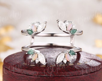 Einzigartiger Moosachat-Verstärkerring, doppelt gebogener Opal-Ehering-Ring, Weißgold, Art-Deco-Diamant-Ehering-Hochzeitsring, bestes Geschenk zum Jahrestag für Sie