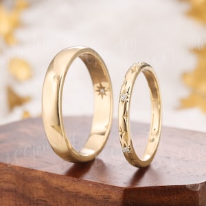 2pc Star Design Couple Rings Set For Men and Women, Diamond engagement ring, mens wedding band, yellow gold wedding ring set, custom jewelry